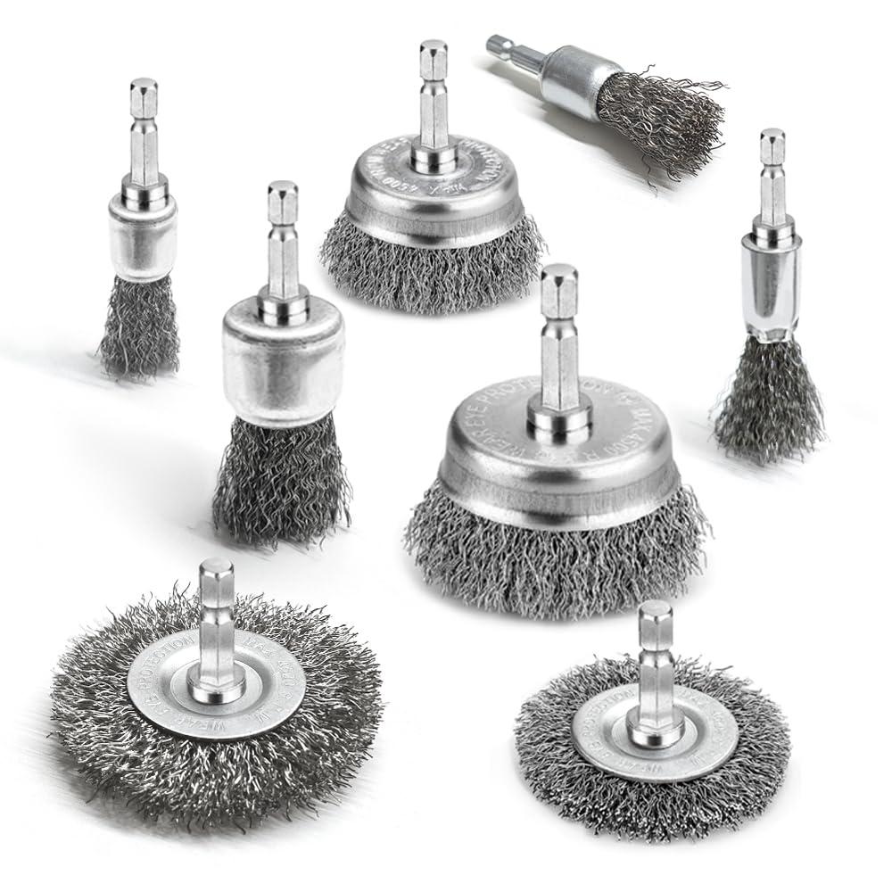 8 Pcs Wire Wheel Brush Set for Drill,Stainless Steel Wire Cup Wheel with 1/4 Inch Hex Shank for Rust Removal, Corrosion and Scrub Surfaces