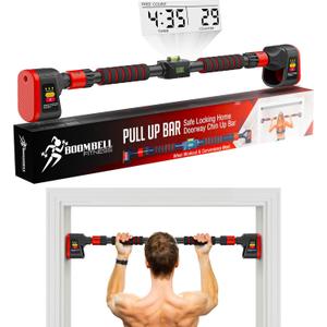 Boombell Pull Up Bar for Doorway - Adjustable Doorway Pull Up Bar 30-40 Inches with Digital Rep Counter, Workout Timer & Level - Door Pull Up Bar & Chin Up Bar for Door Frame, Supports 330 lbs, No Screws (For Strong Doorframes)
