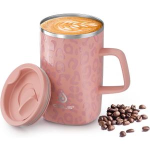 Ideus Vacuum Insulated Coffee Mug, 16oz Reusable Stainless Steel Thermal Double Walled cup with Handle and Slider Lid for Hot & Cold Beverages, BPA Free (Leapord Pink)