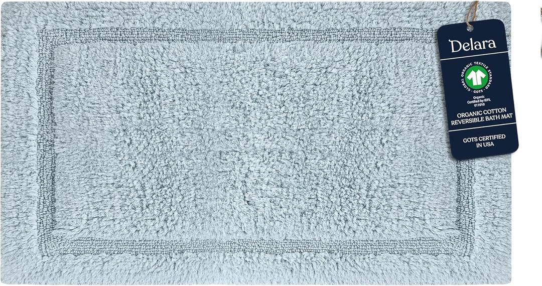 Organic Cotton Reversible Bath Mat 3000 GSM, GOTS Certified, Ultra-Thick & Super Absorbent | Soft, Plush & Quick-Drying Bathroom Rug (Light Blue, 20x30)