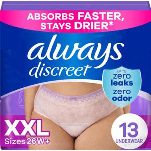Always Discreet Adult Incontinence Underwear for Women and Postpartum Underwear, XXL, Up to 100% Bladder Leak Protection, 52 Count (4 Packs of 13) Always Discreet Adult Incontinence Underwear for Women and Postpartum Underwear, XXL, Up to 100% Bladder Leak Protection, 52 Count (4 Packs of 13)
