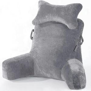 SLIGUY Reading Pillow-Bed Rest Pillow with Detachable Neck Roll & Support Arm for Sitting in Bed Couch or Floor-Backrest Reading Pillow Adult Back Pillow for Reading/Watching TV/Gaming,Dark Grey