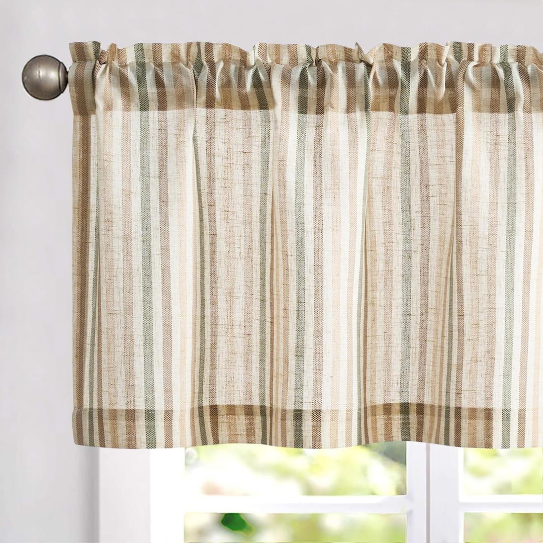 Vangao Kitchen Valance Linen Stripe Short Farmhouse Country Rustic Tickingstripe Light Filtering Rod Pocket Window Topper Treatments 16 Inch 1 Panel Colorful Green