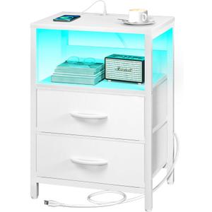 Yoobure Nightstand with Charging Station, LED Night Stand with Fabric Drawers and Storage Shelf for Bedroom, Nightstands Bedside Tables with USB Ports & Outlets, Small Night Stands, Bed Side Table (White)
