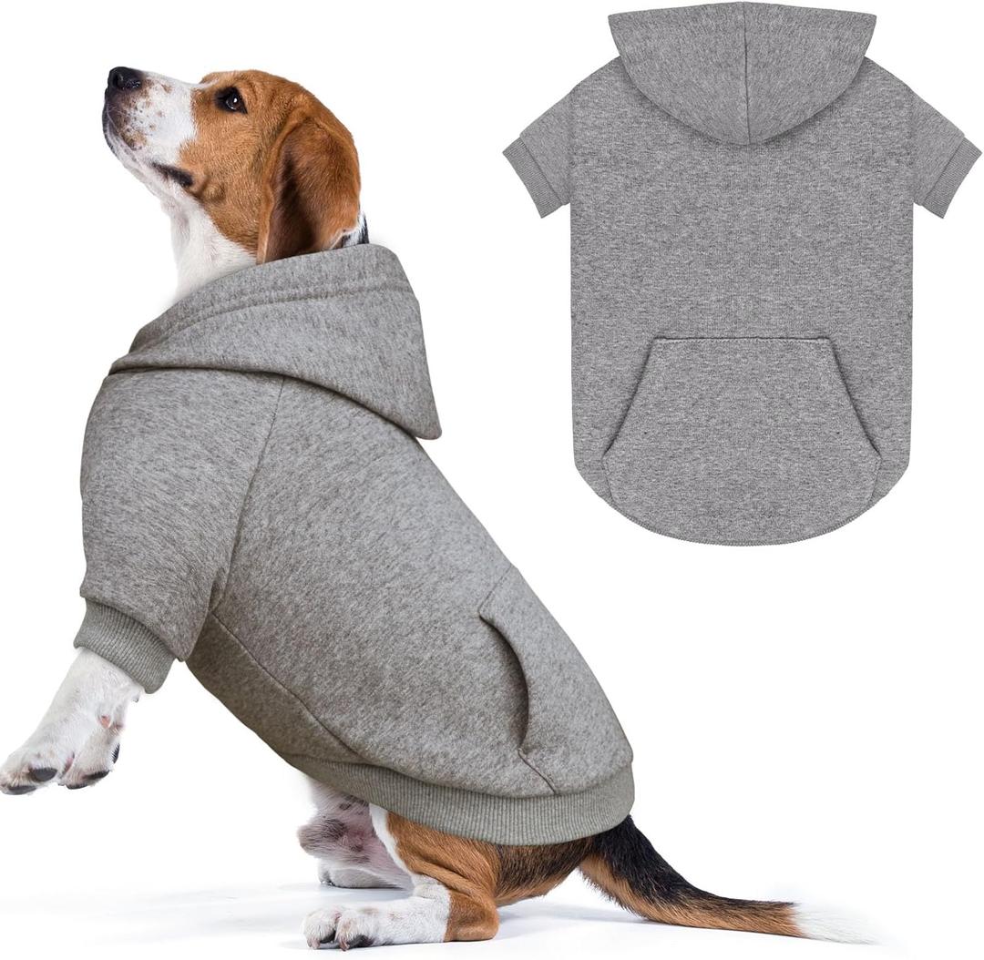 Dog Sweaters, Dog Hoodie, Cozy Fleece Interior Sweatshirt with Hood & Pocket, Leash Hole, Pet Clothes Sweater for Small, Medium, and Large Dogs, Grey&2XL 40-60lbs