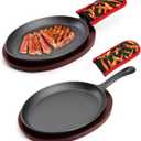 DVK Sizzling Plate with Wooden Base Fajita Skillet with Scald Protection Hot Mitt Cast Iron Plate for Home Barbeque Kitchen Service (2PCS)
