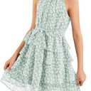 Imily Bela Girls Floral Ruffle Dress Halter Neck Kids Chiffon Summer Party Dress with Belt, 150