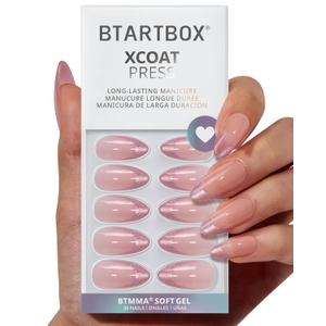 BTArtbox Press On Nails Medium - Pink Frosting, Lamp-Curable Almond Cat Eye French Tip Press On Nails with Glue and Adhesive Tabs for Women, Soft Gel Glue On Nails in 15 Sizes - 30 Stick On Nails Kit
