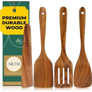 AIUHI Wooden Spatula for Cooking, 3Pcs Natural Teak Wood Turner Set for Nonstick Cookware, Wooden Cooking Utensil Set for Frying, Flipping, Scraping, and Turning