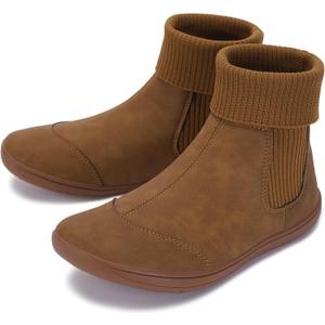 WHITIN Women's Wide Barefoot Ankle Boots | Minimalist Chelsea Styles | Zero Drop | Stacked Sock-like Cuffs (5 Wide, W821 | Light Brown)