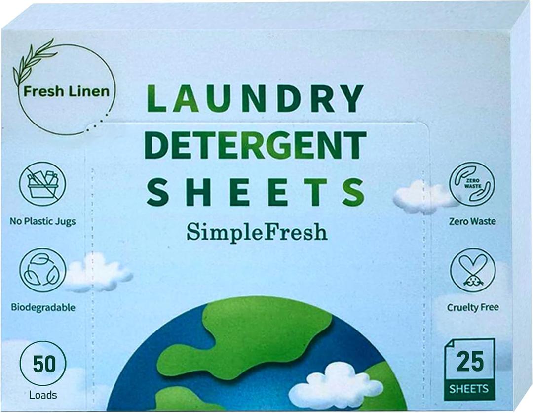 Simple Fresh Laundry sheets Pack of 25, fragrance free product - Laundry Detergent Sheets, Eco-Friendly, Plant-Based, Hypoallergenic, No Plastic Jug (50 Loads, Fresh linen)