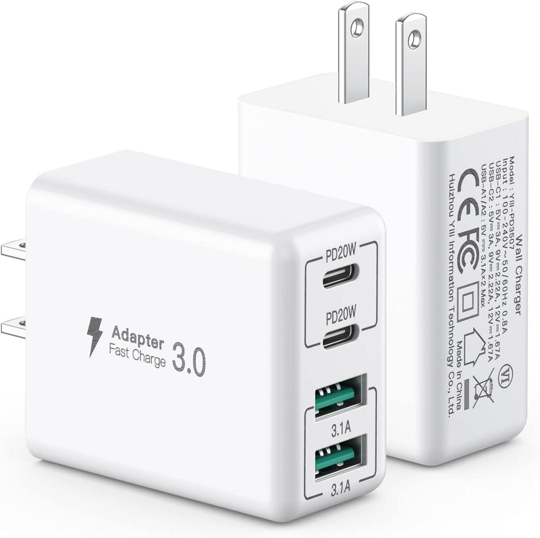 [2 Pack] USB C Wall Charger, 40W 4-Port USB C Charger Block,Fast Charging Block Dual Port PD+QC Wall Plug Multiport Type C Compatible with iPhone 14/13/12/11/Pro Max/XS/XR/8, Samsung Phone,Tablet (2 Pack White)