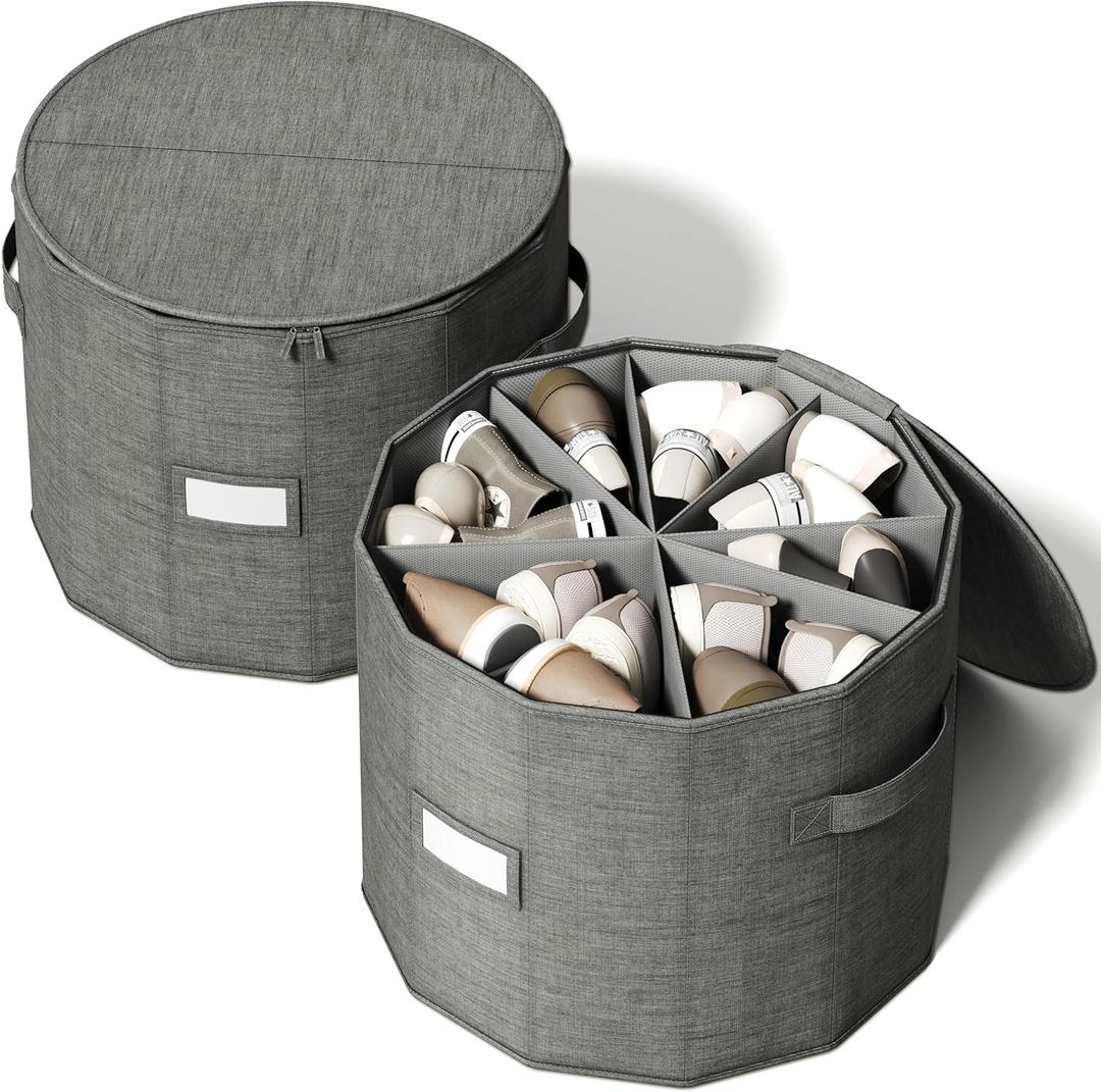 Vailando Shoe Organizer for Closet  Cylindrical Shoe Storage Organizer with Adjustable Dividers for Closet, Foldable Shoe Storage Box, Gray, 2Pack, Large