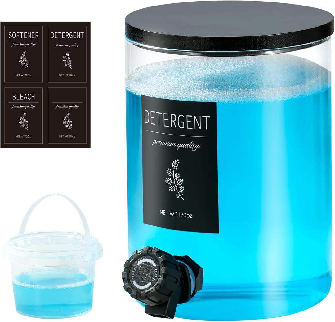 1 Glass Laundry Detergent Dispenser with Black Bamboo Lid - 120 Oz Liquid Detergent, Laundry Soap & Fabric Softener Dispenser for Laundry Room Organization and Storage with 1 Cups & 4 Labels