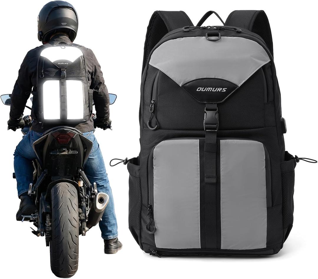 Oumurs Reflective Motorcycle Helmet Backpack, 35L Riding Backpack with Hidden Helmet Net, Hi-Vis Commuter Bag, 1680D Water-Resistant Travel Backpack with Laptop Compartment, Ventilated Back