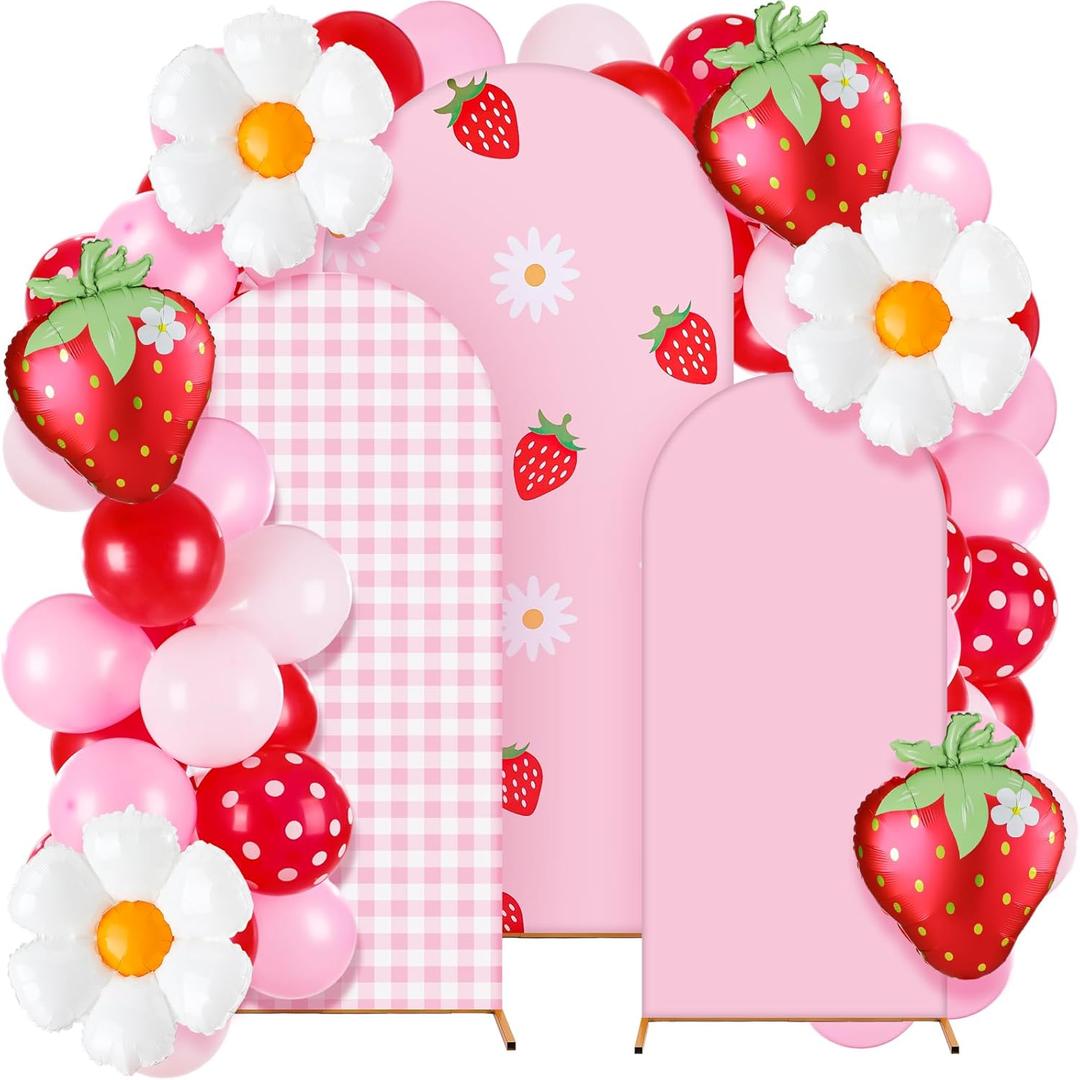 Foilswirl 34 Pieces Strawberry Birthday Party Decorations 4ft 5ft 6ft Arch Backdrop Covers Pink White Checkered Spandex Arch Backdrop Cover Daisies Balloon for Strawberry Sweet Birthday Wedding Party, Strawberry