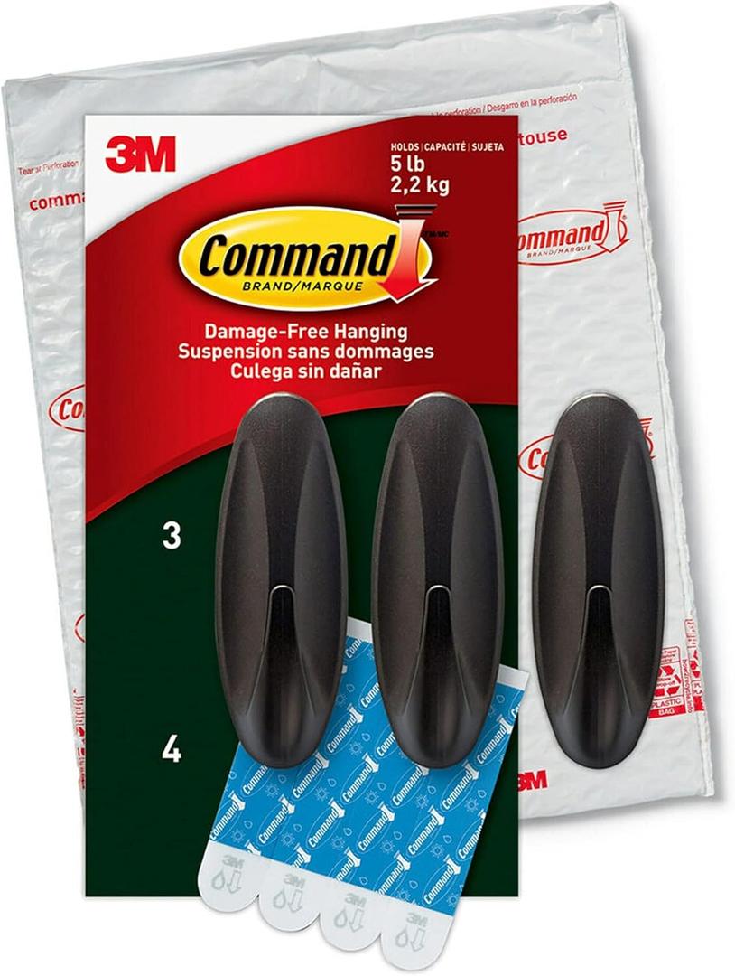 Command Outdoor Large Bronze Hooks, Holds 5 lb, 3 Hooks 4 Strips, Damage-Free, Weather Resistant for Hanging Decor