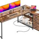 PRAISUN 61" L Shaped Desk with Power Outlets and USB-C Port, Reversible Computer Corner Office Desk with 4 Fabric Drawers and 2 Height-Adjustable Shelves, Large for Gaming Writing Study, Rustic Brown