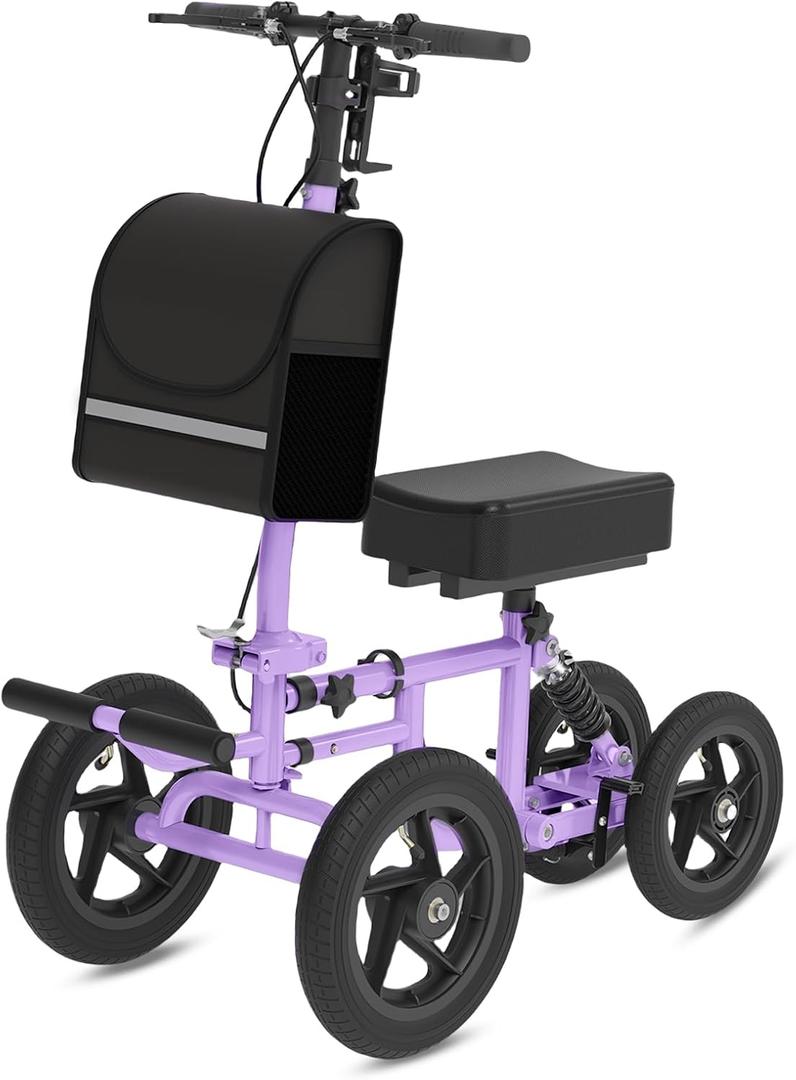 All Terrain Knee Scooter for Adults, Foldable Rolling Knee Scooter with DIY Stickers & Shock Absorber, Steerable Knee Walker for Broken Foot, Ankle Injuries & Surgery, Better Crutch Alternative (Cream Purple)