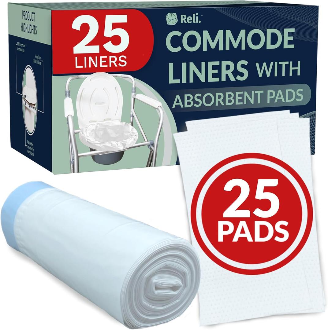 Reli. Commode Liners with Absorbent Pads (25 Pack) | 25 Each (Liner and Pad) | Use in Bedside Toilet Chair Bucket | Portable Toilet Poop Bags | Disposable Bedpad Liner/Waste Bags