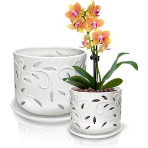 KERUITA Orchid Pots with Holes,6 inch + 5 inch Ceramic Planters Set of 2 with 2 Bottom Tray, Enhanced Drainage and Ventilation,White Flower Pots for Indoor/Outdoor Plants for Repotting