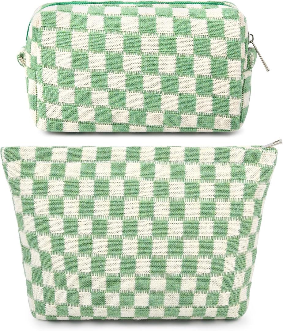 SOIDRAM 2 Pcs Checkered Makeup Bag Large Cosmetic Bag Toiletry Bag Makeup Pouch Travel Bag Organizer Cute Makeup Brushes Aesthetic Accessories Storage Bag for Women Green