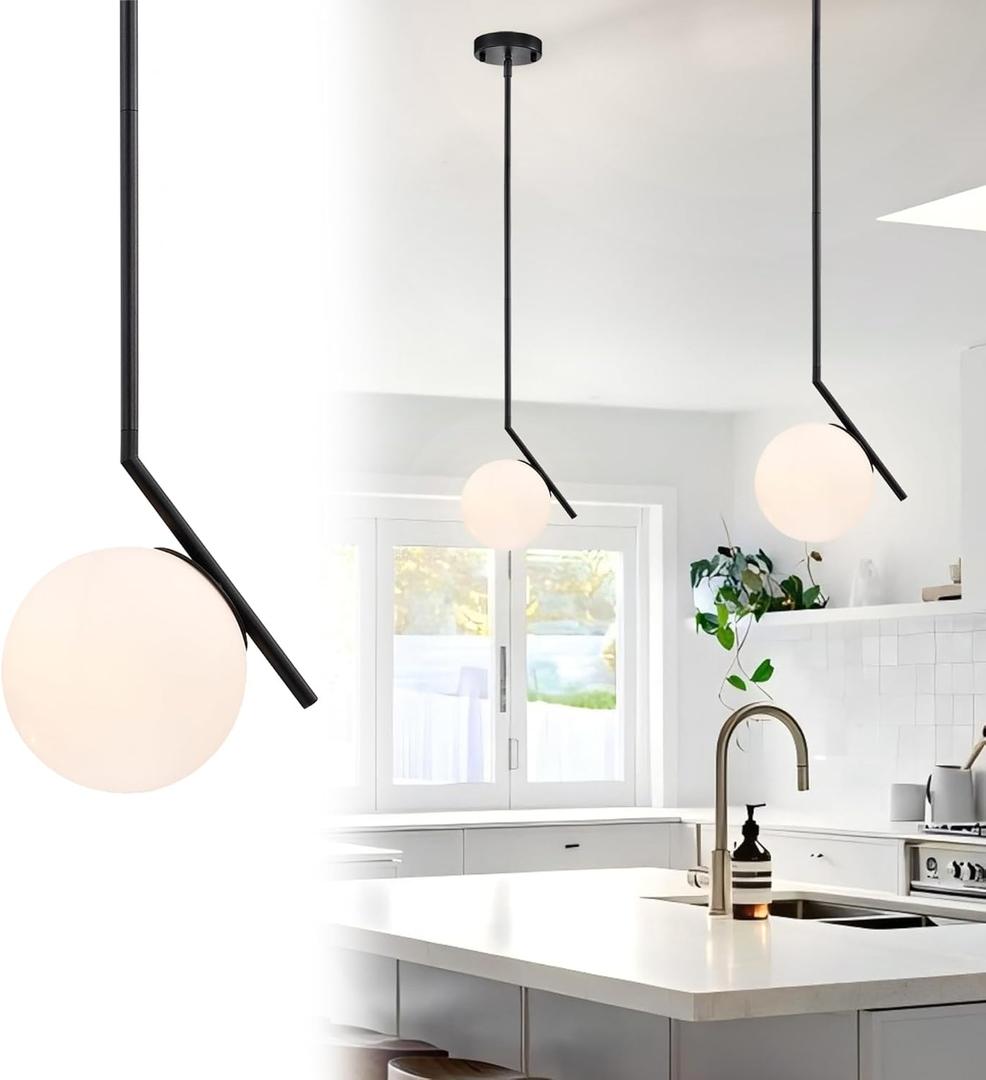 Matte Black Pendant Light Kitchen Island 5.9" Globe Milk Glass Shade Mid Century Modern Pendant Lighting Fixture for Hallway Entryway Closet Bathroom Bedroom Laundry Room Bars Easy Install