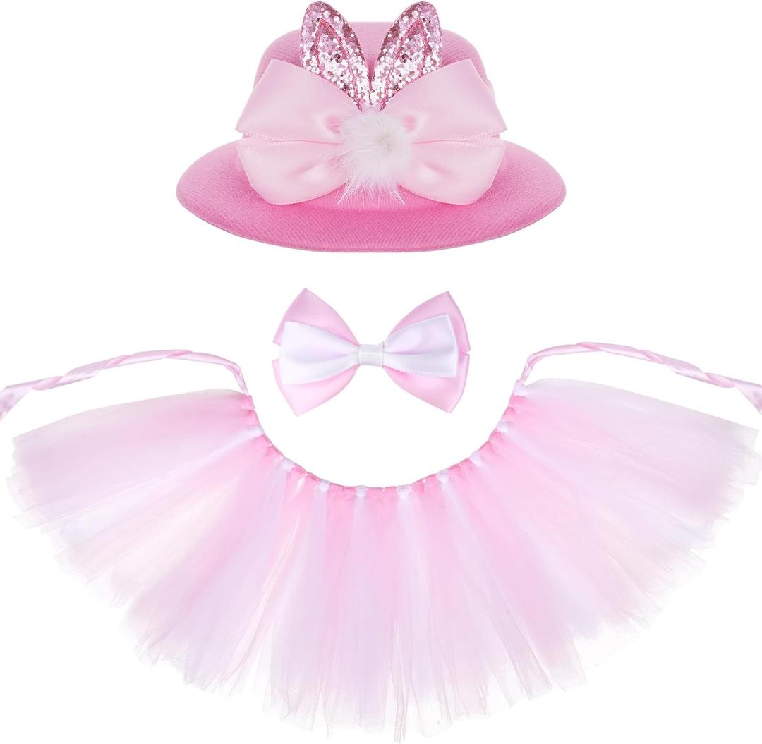 3 Pcs Easter Costume Set for Pet Rabbit Ear Hat Cute Bow Collar Puppy Tutu Skirt for Dog and Cat Party Dress Accessories Supplies (Pink)