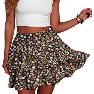 Lepunuo Boho Mini Skirts for Women Flowy Ruffle Tiered Skorts Skirts with Short Underneath with Pockets Beach Vacation (Medium, Floral Black Colorful)