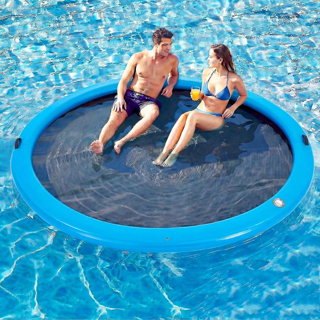 10FT Round Inflatable Floating Dock, Sunchill Float Ring, Water Hammock Tanning Pool Floats with Woven Fabric, Manual Pump for Quick Inflate/Deflate, Fits 2-8, Ideal for Lakes, Oceans, 10FT
