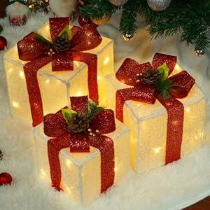 SANHSEHOME Set of 3 Christmas Lighted Gift Boxes, 60 LED Light Up Present Boxes Ornament for Christmas Decorations Indoor Outdoor Yard Xmas Tree Holiday Party Lawn Porch Home(Max. 8.5")