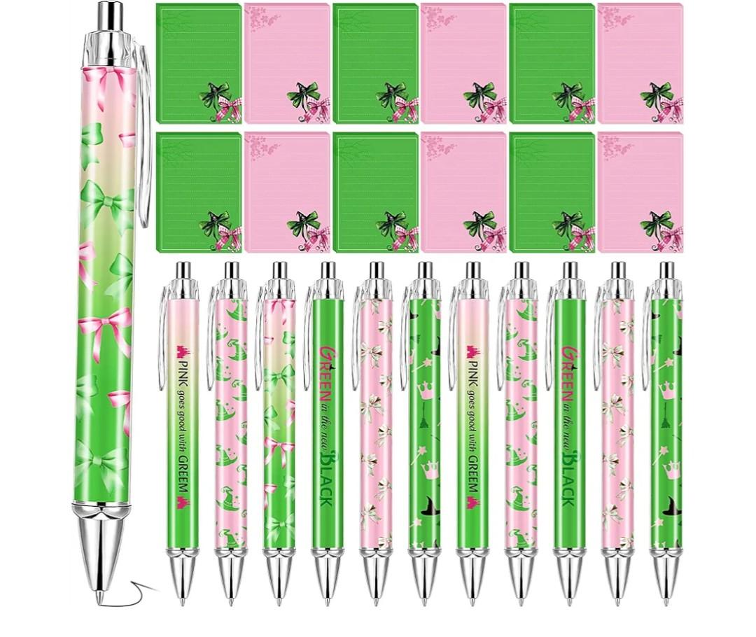 24 Pcs Witch and Princess Pens Pink & Green Party Favors Pen and Notepad Set for Halloween, Birthday, Party Supplies Christmas Students Office Gifts