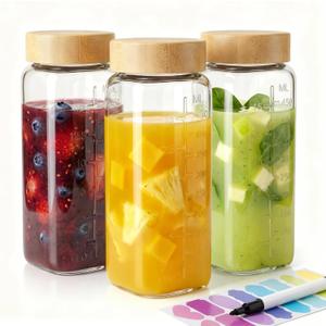 HomArtist 16oz Square Glass Juice Bottles with Lids, 3 Pack Reusable Juice Containers with Bamboo Lids, Glass Juicing jars for Drinking Tea, Kombucha, Smoothie, Milk