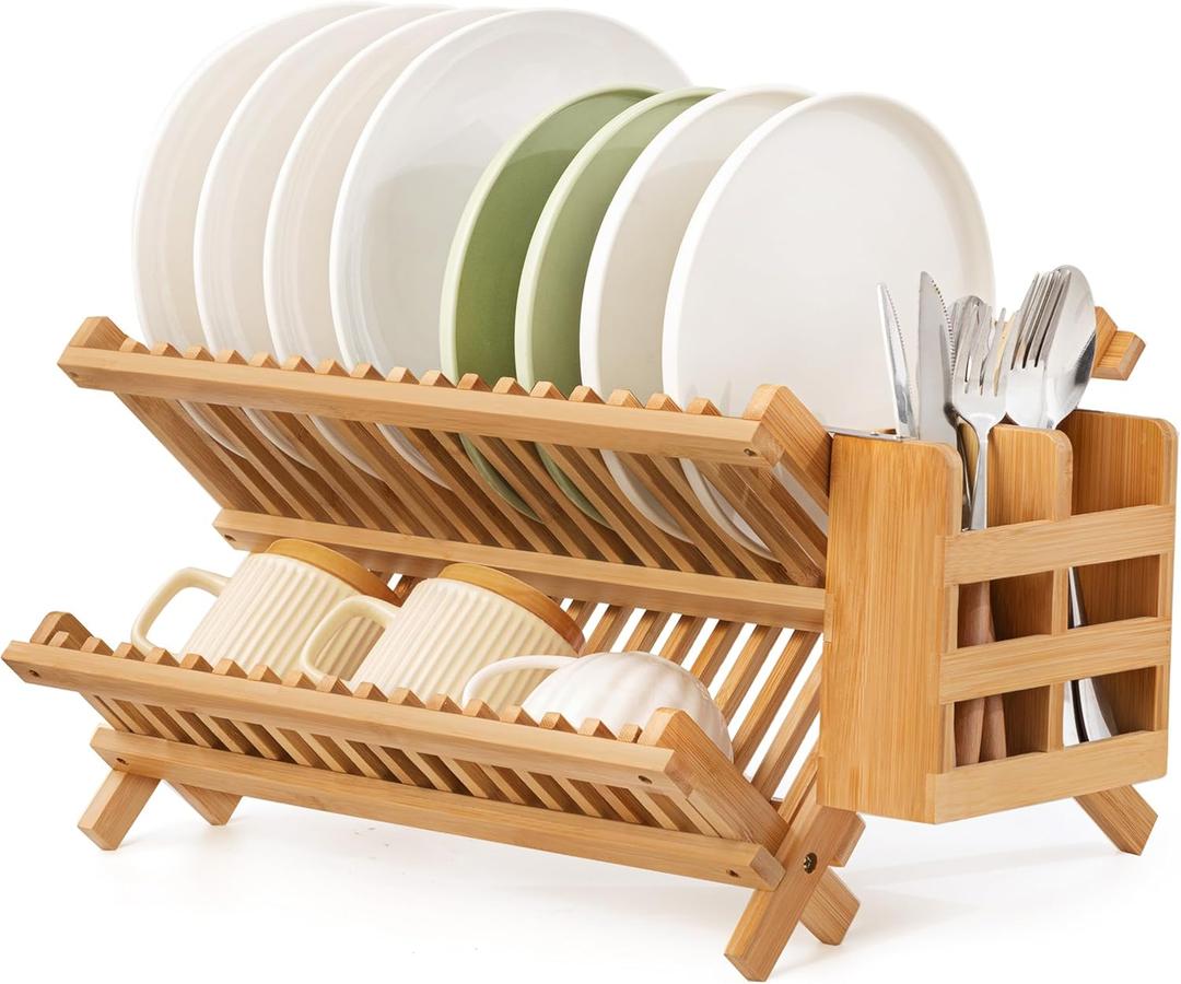 Bamboo Dish Drying Rack with Utensil Holder, 2 Tier Collapsible Dish Rack for Kitchen Counter, Large Folding Drying Holder, Dish Drainer, Kitchen Organizers and Storage