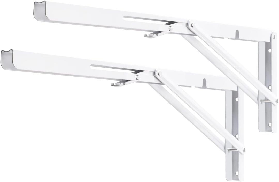 YUMORE White Folding Shelf Brackets, 20 Inch Heavy Duty L Bracket, DIY Collapsible Shelf Bracket for Workbench Folding Table Hinge, Max Load: 330lb, 2 Pack