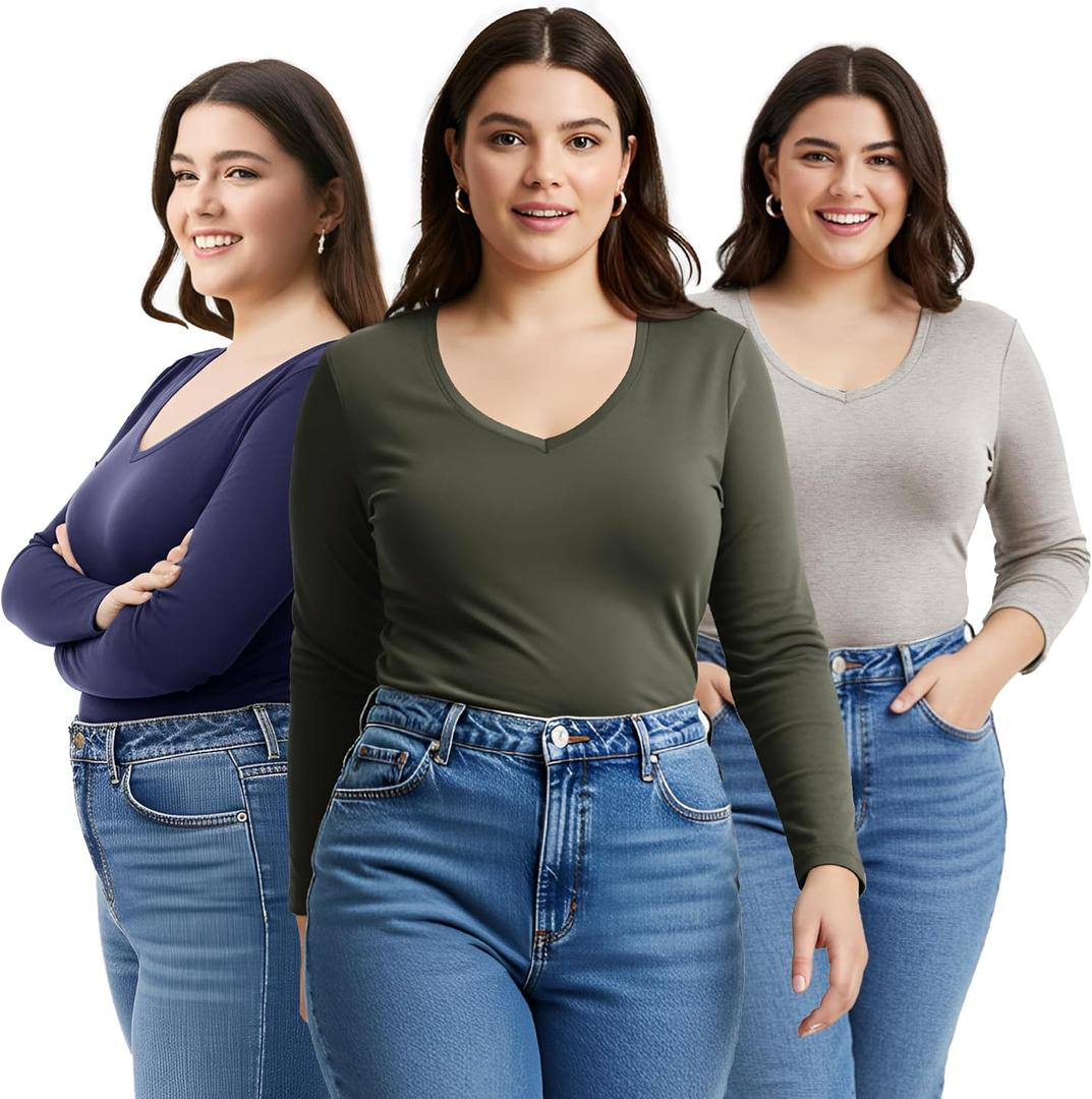 Emmalise Women's Junior and Plus Size Vneck Tshirt Long Sleeves Shirt Tee (S)