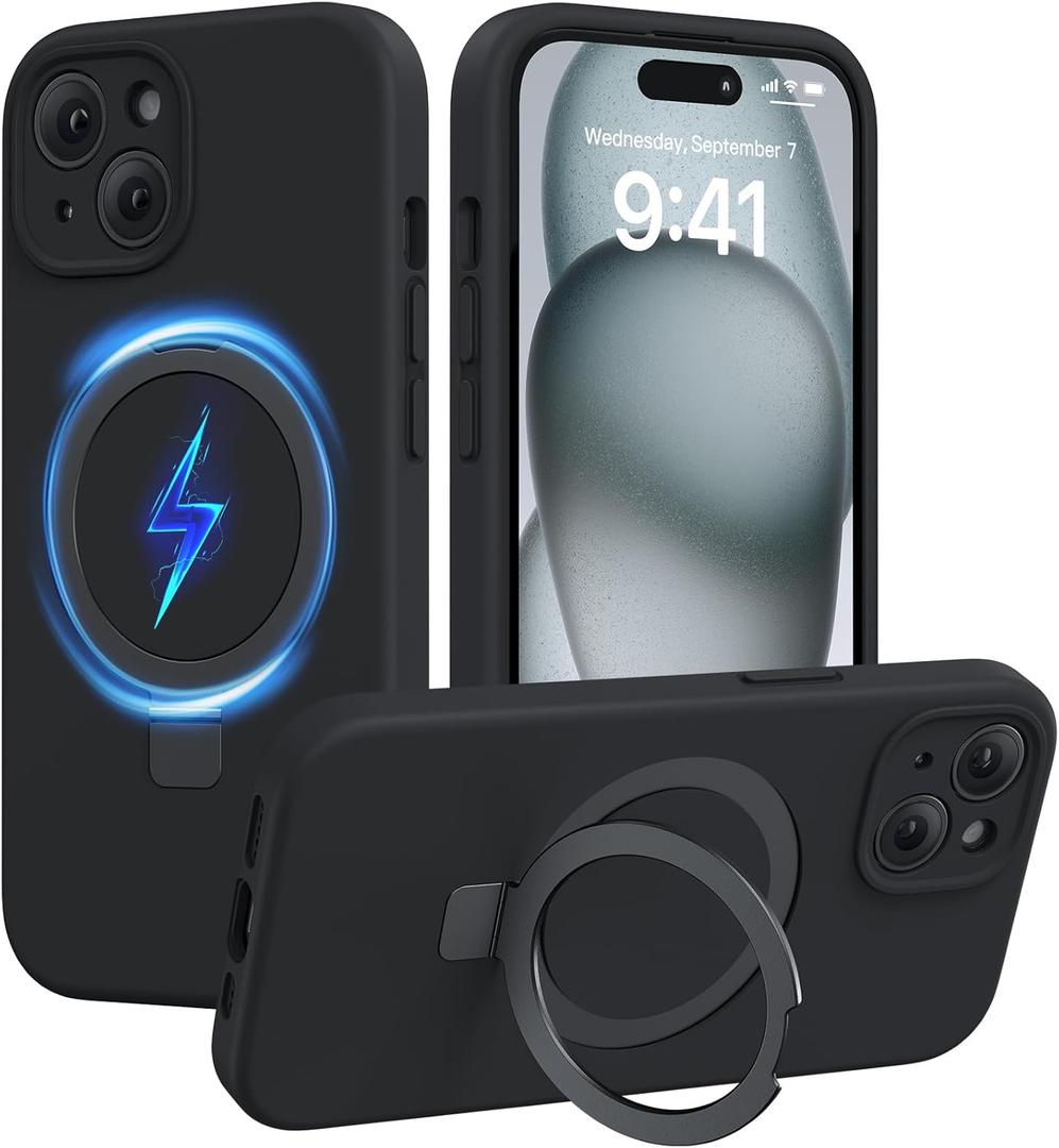 Miracase for iPhone 15 Case with Stand, Compatible with All MagSafe Accessories, Liquid Silicone Case Gel Rubber Shockproof Drop Protection Phone Case for iPhone 15, Black Mag-Stand