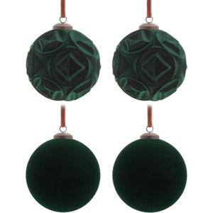4Pcs Big Velvet Christmas Ball Ornaments 4" Dark Green Flocked Ornaments Set for Christmas Tree with 10Pcs Velvet Bows, Shatterproof Xmas Hanging Decorations for Home Office and Holiday Dcor