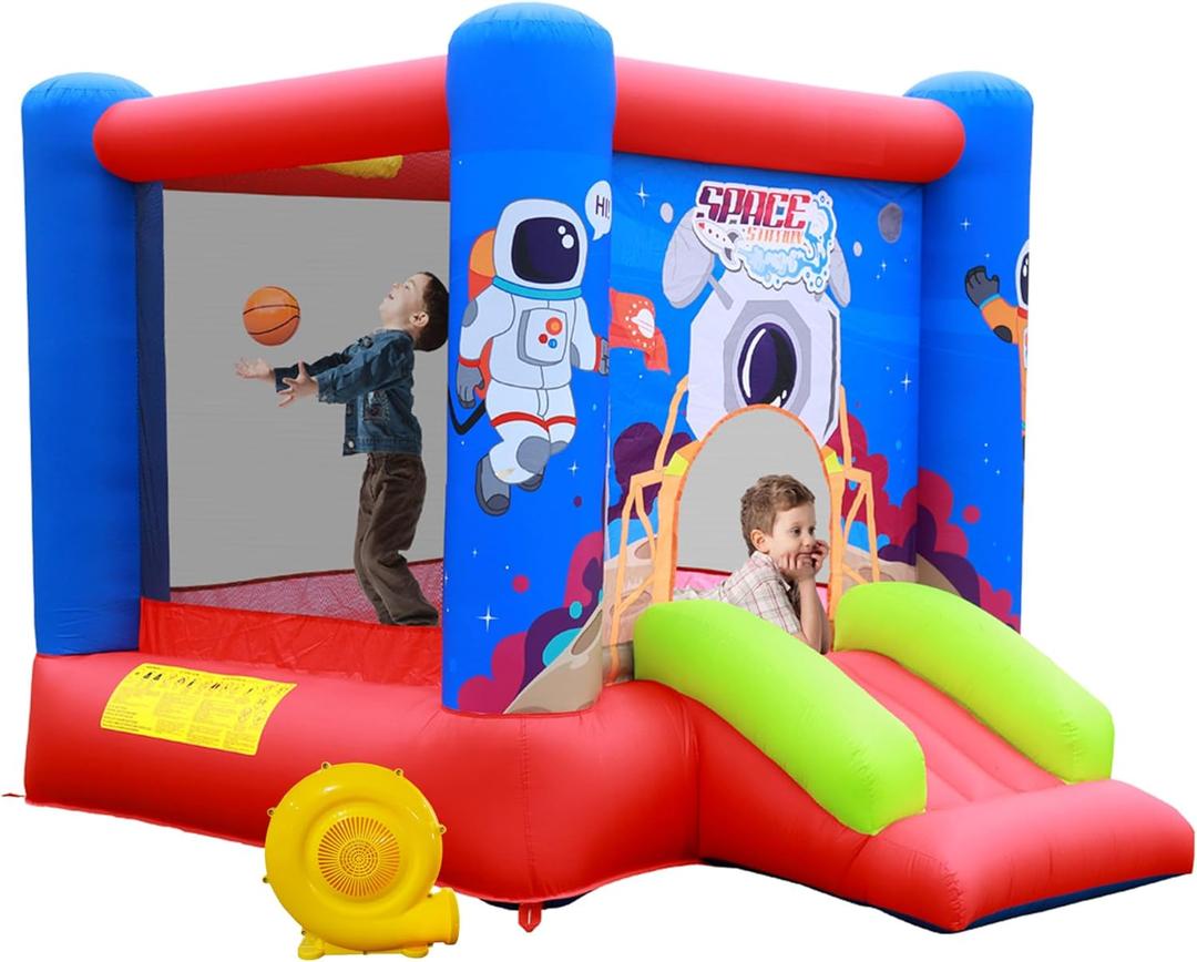 WELLFUNTIME Inflatable Bounce House Jumping Castle Slide with Blower, Kids Bouncer with Basketball Rim, 110x82.5x72.8 Inch Bouncy Castle