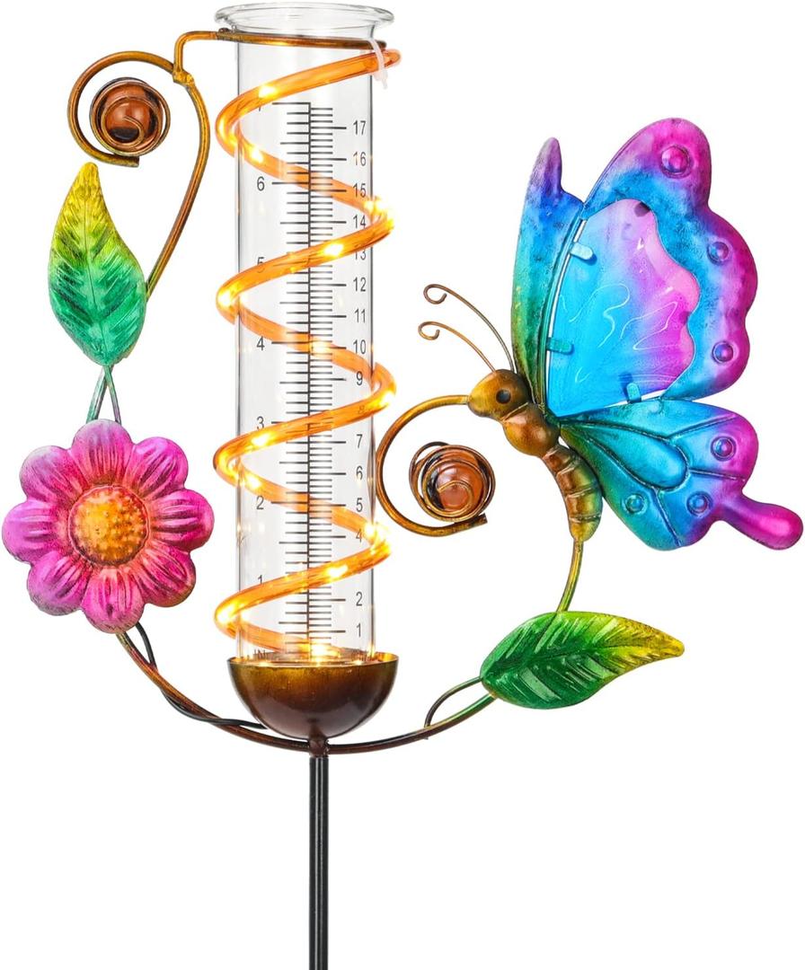 LEWIS&WAYNE 36.3 Butterfly Rain Gauge Outdoor, 7 Glass Tube Solar Powered 10 Warm White LEDs Garden Metal Stakes Decorative Waterproof for Yard Garden Patio Lawn