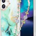 Compatible with iPhone 16 Plus Case for Women Girls, Slim Fit Girly Phone Case for iPhone 16 Plus with Butterfly Phone Charm Lanyard Wrist Strap, Shockproof Hard Case 6.7 Inch Marble Green