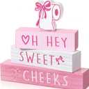 Xuhal 4 Pcs Pink Bow Bathroom Decor Coquette Bow Block Sign Farmhouse Bowknot Gifts for Home Bathroom Washroom Restroom Nursery Wedding Pink Bows Party Decorations Table Centerpieces Tiered Tray Decor