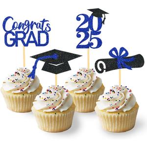 24Pcs Graduation Cupcake Toppers, Graduation Cupcake Picks for Cupcake Food Decorations - Class of 2025 Cupcake Toppers Supplies (Blue)