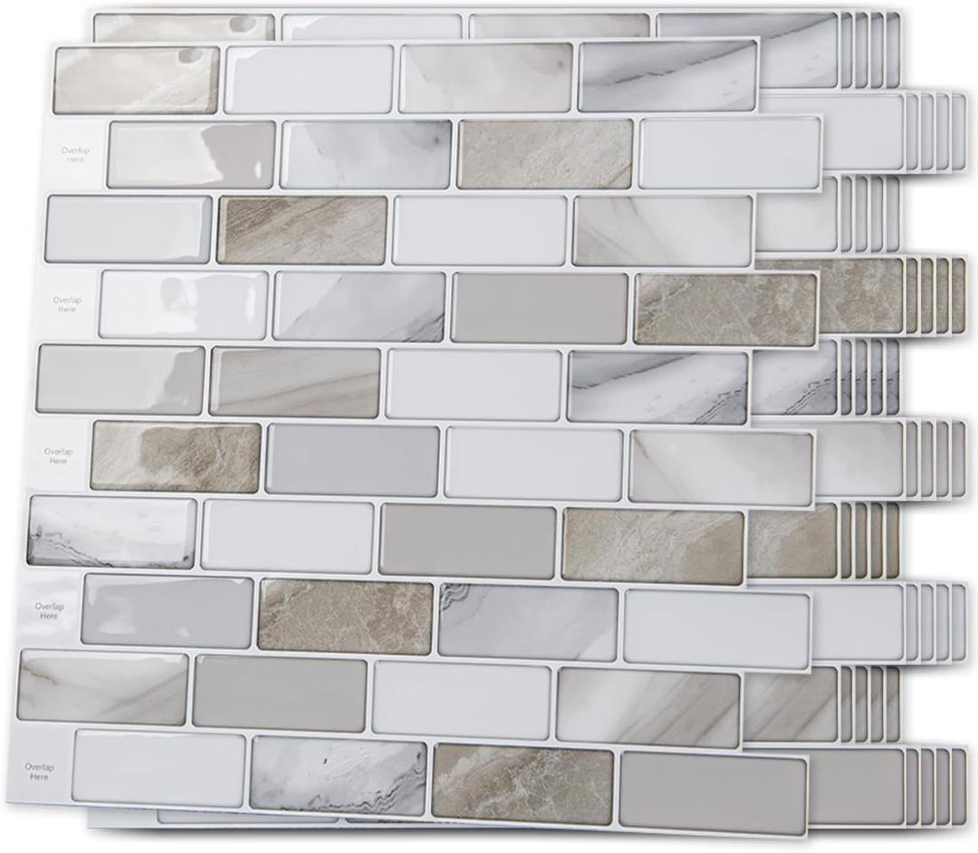 Art3d 10-Sheet Peel and Stick Backsplash Tile for Kitchen - 1212 Stick on Wall Tile for Kitchen Bathroom Countertop Living Room, Beige & White