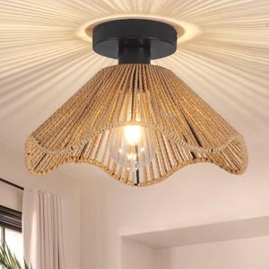 Boho Rattan Ceiling Light Fixture, Mini Rattan Chandelier Lighting Fixture, Hand Woven Ceiling Light Fixtures for Hallway Bedroom Kitchen Entryway Living Room (Light Brown)