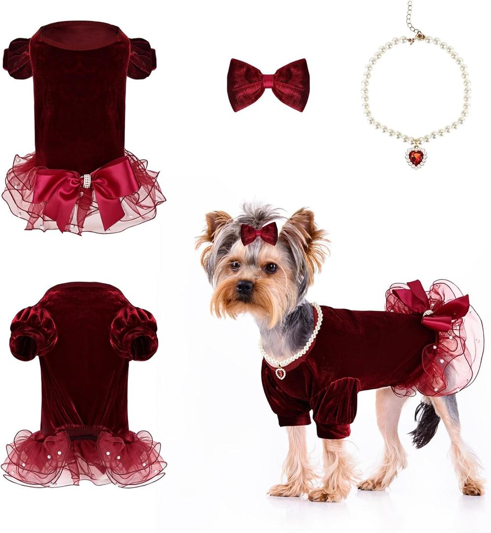 Dog Dresses for Small Dogs Girl Puppy Christmas Outfit Dog Tulle Spring Clothes with Pearl and Bow (Burgundy,M)