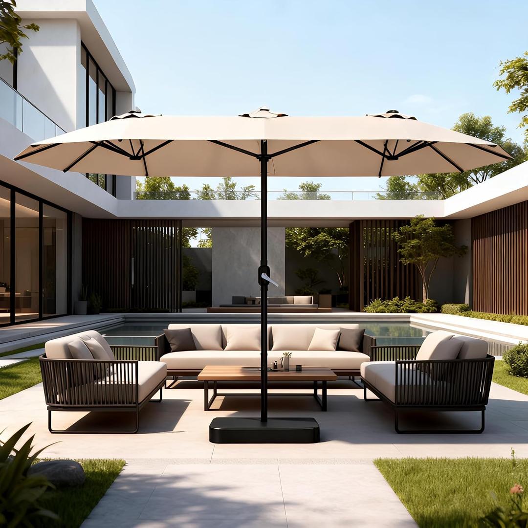 15ft Large Patio Umbrellas with Base Included, Outdoor Double-Sided Rectangle Market Umbrella with Stand, Outside Umbrellas for Poolside Lawn Backyard