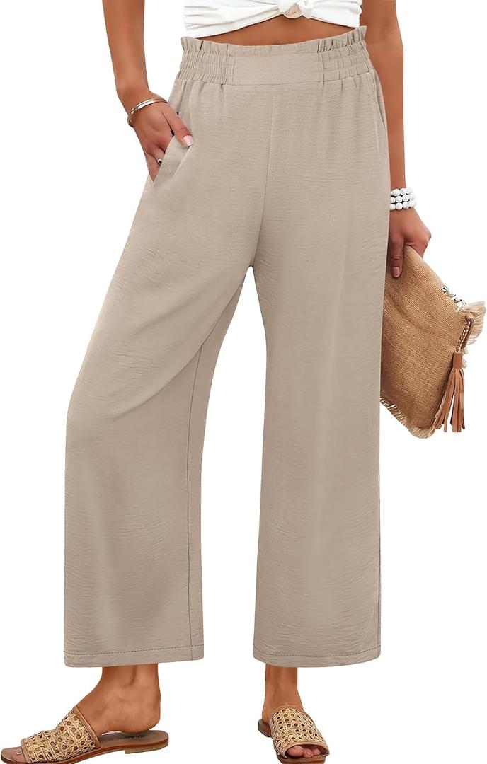 ANRABESS Womens Wide Leg Palazzo Pants Summer Beach High Waisted Cropped Flowy Pants 2026 Dressy Casual Trousers with Pockets Parchment X-Large