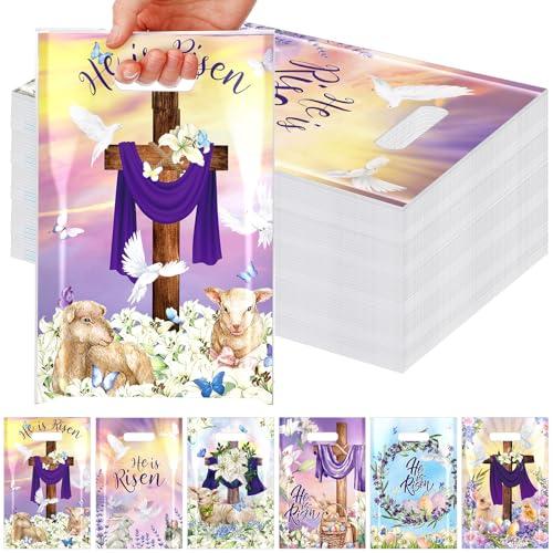 Kolldenn 120 Pcs Easter Bags Bulk He Is Risen Party Favor Treat Bags Easter Religious Cross Bunny Plastic Gift Packages with Handles Goodie Packaging for Theme Bible School Hunt Party Supplies