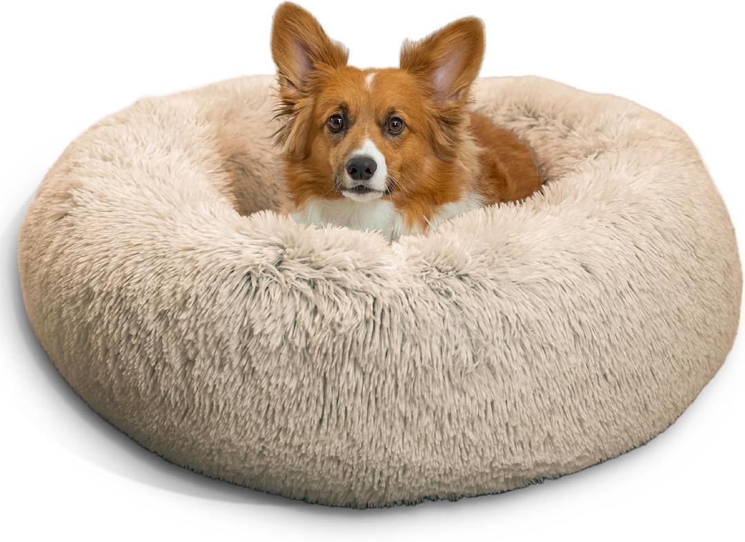 Best Friends by Sheri The Original Calming Donut Dog Bed for Medium Dogs up to 45 lbs, Shag Faux Fur, Taupe, Medium, 30"x30"